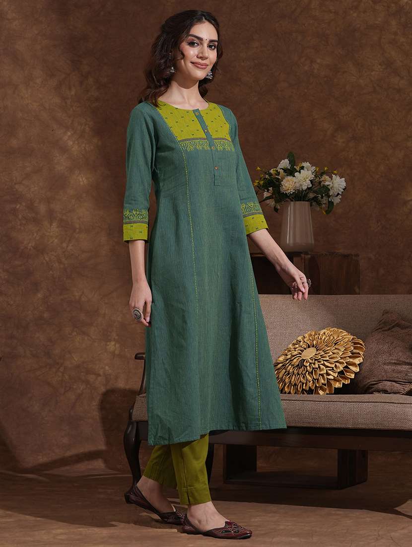 women striped three quarter sleeve a-line kurta - 22300520 -  Standard Image - 2