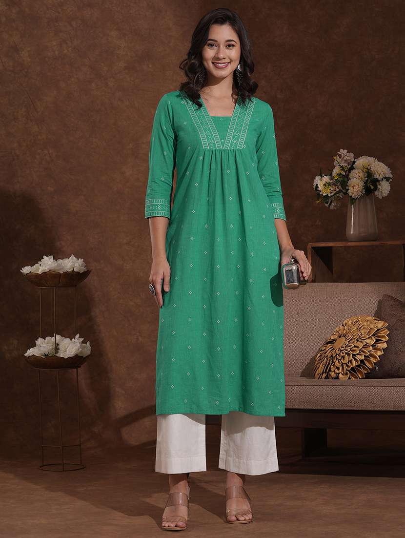 women self design three quarter sleeve a-line kurta