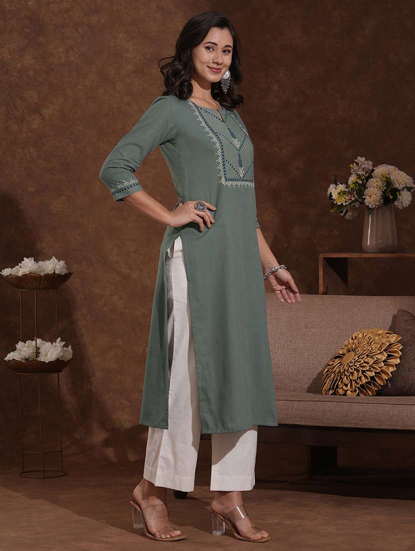 women self design three quarter sleeve straight kurta - 22300524 -  Standard Image - 2