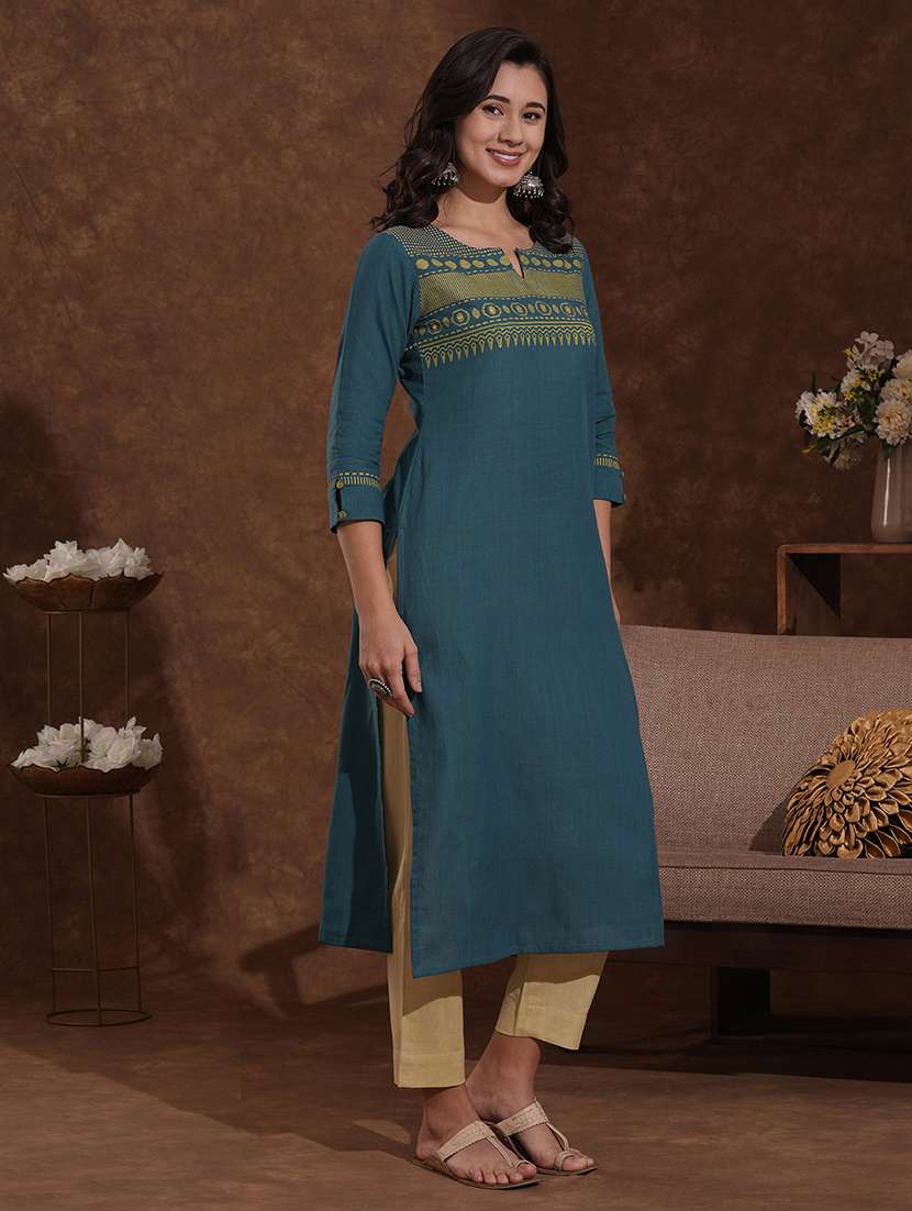 women self design three quarter sleeve straight kurta - 22300526 -  Standard Image - 2