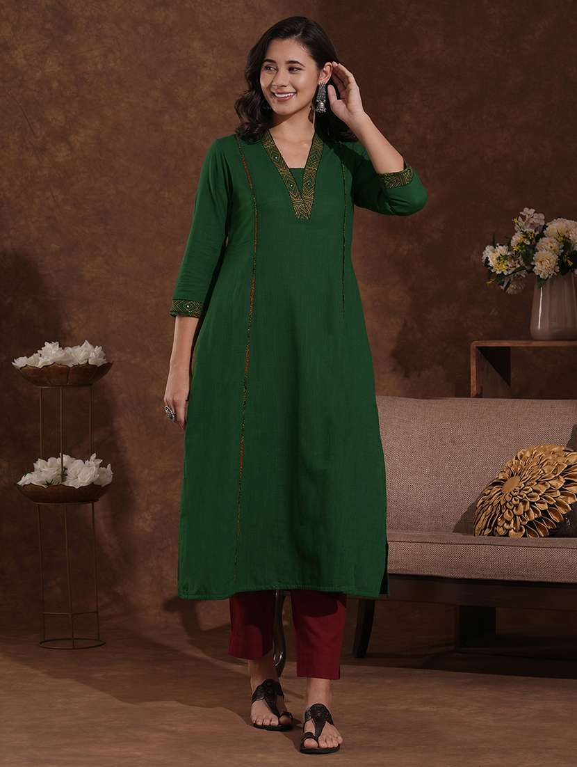 women solid three quarter sleeve a-line kurta