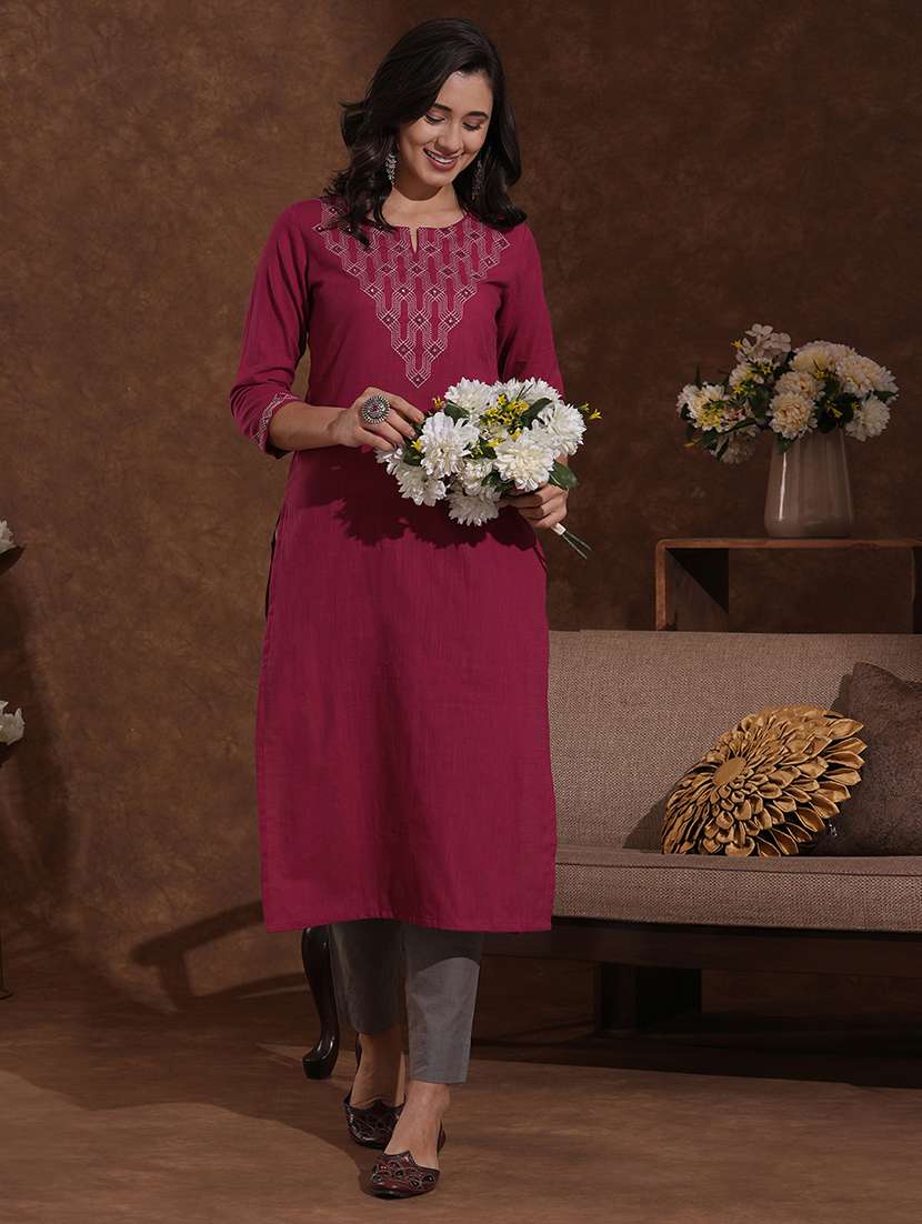 women solid with work three quarter sleeve straight kurta