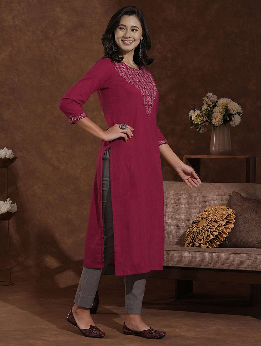 women solid with work three quarter sleeve straight kurta - 22300537 -  Standard Image - 2