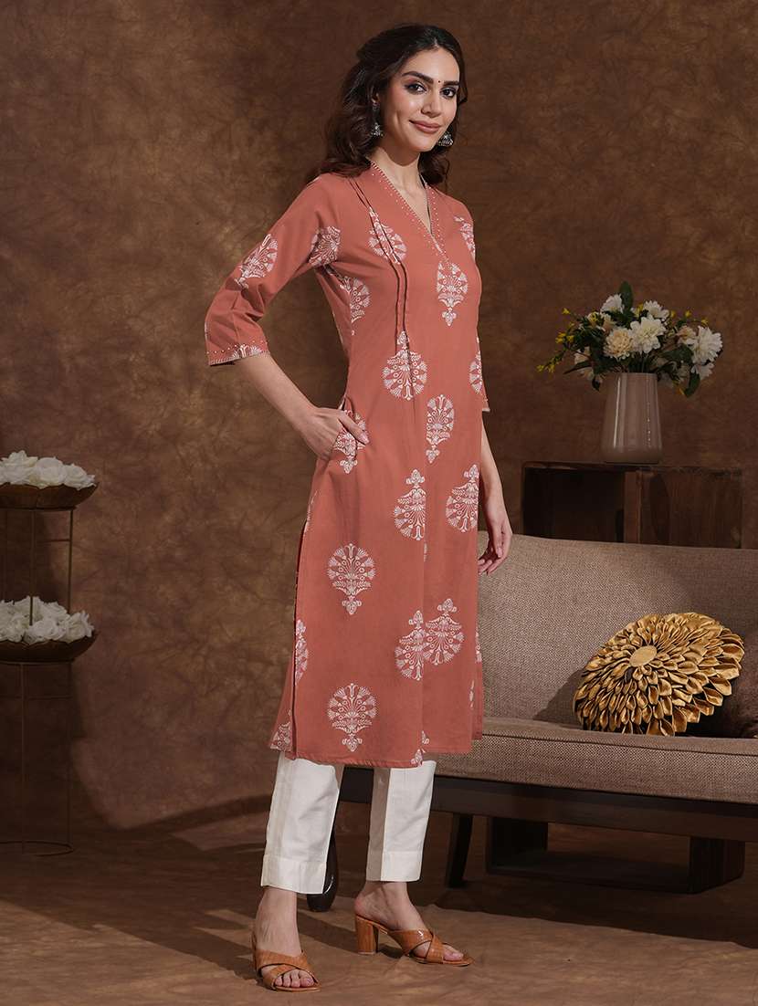 women printed three quarter sleeve a-line kurta - 22300541 -  Standard Image - 2