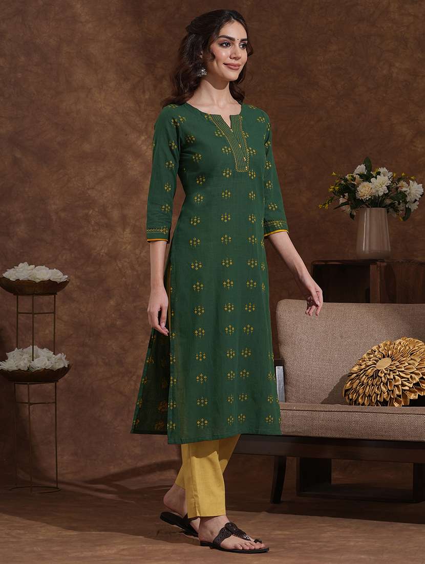 women self design three quarter sleeve straight kurta - 22300544 -  Standard Image - 2