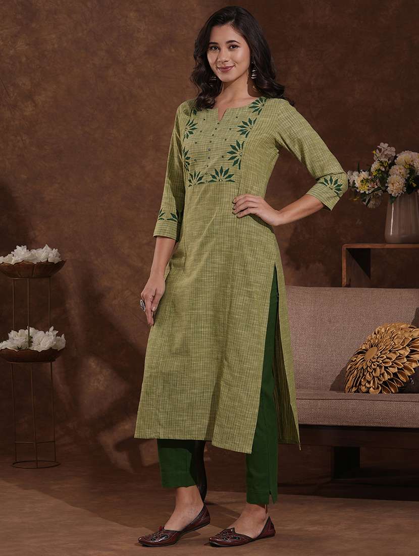 women self design three quarter sleeve straight kurta - 22300551 -  Standard Image - 2