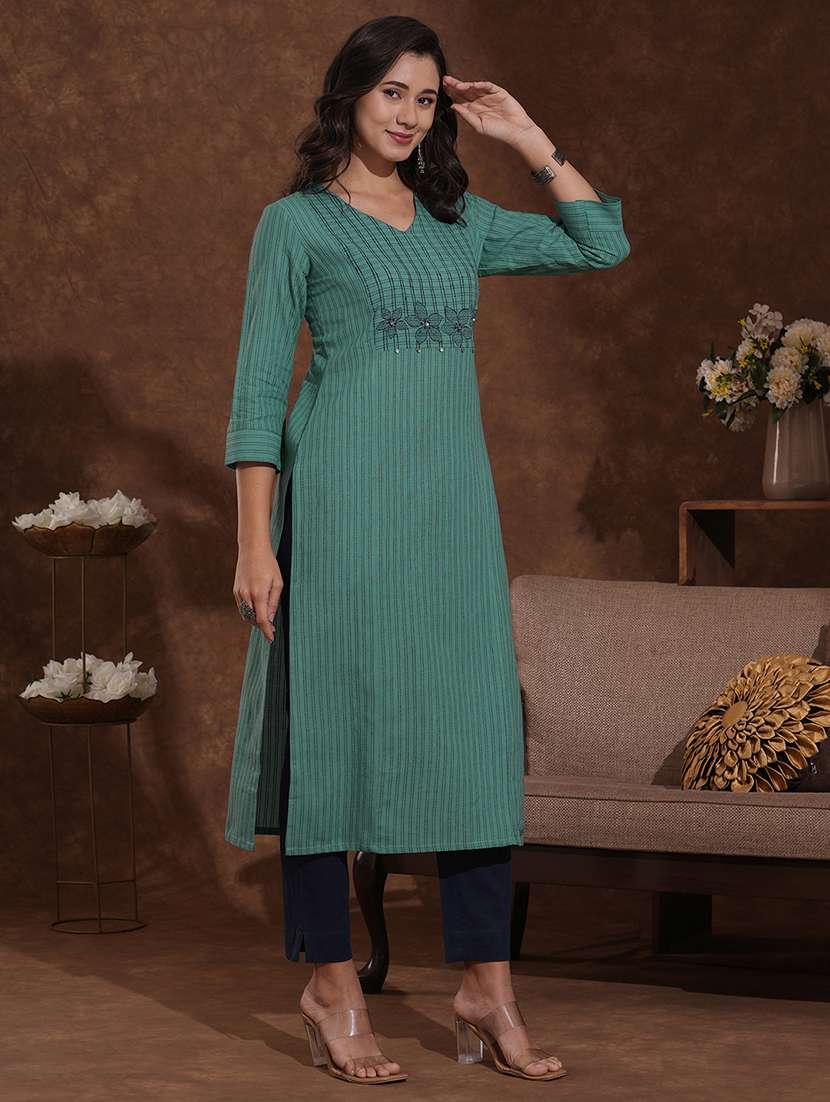 women self design three quarter sleeve straight kurta - 22300557 -  Standard Image - 2