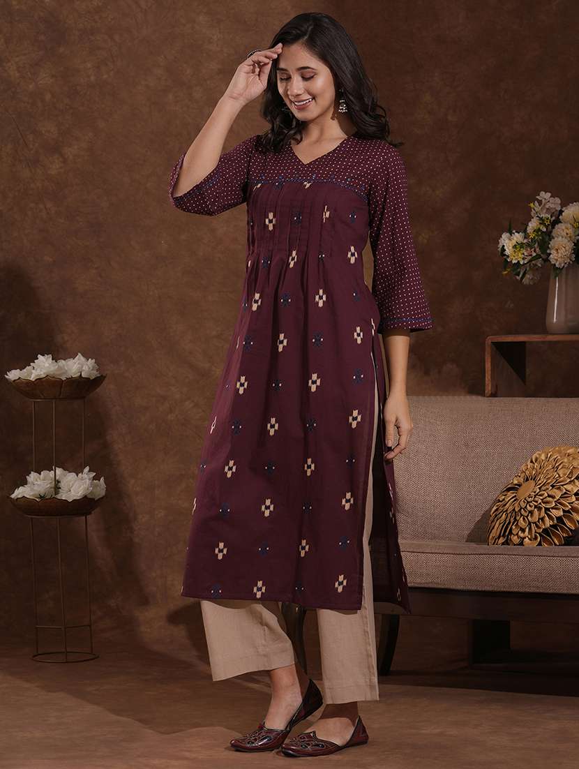 women printed three quarter sleeve a-line kurta - 22300559 -  Standard Image - 2