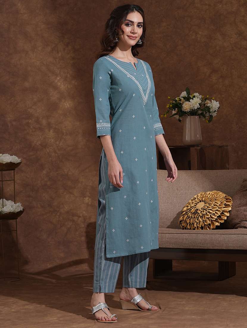 women solid with work notch neck kurta pant with dupatta set  - 22300565 -  Standard Image - 2