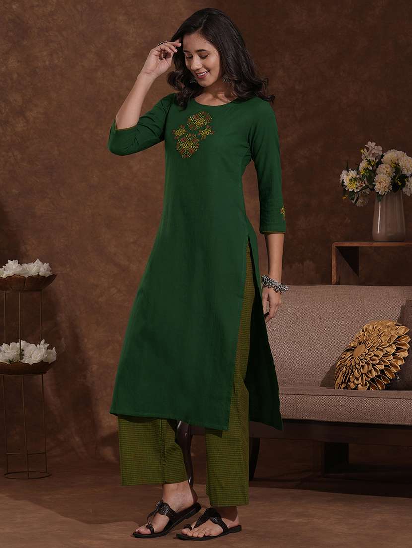 women solid with work round neck kurta pant set  - 22300567 -  Standard Image - 2