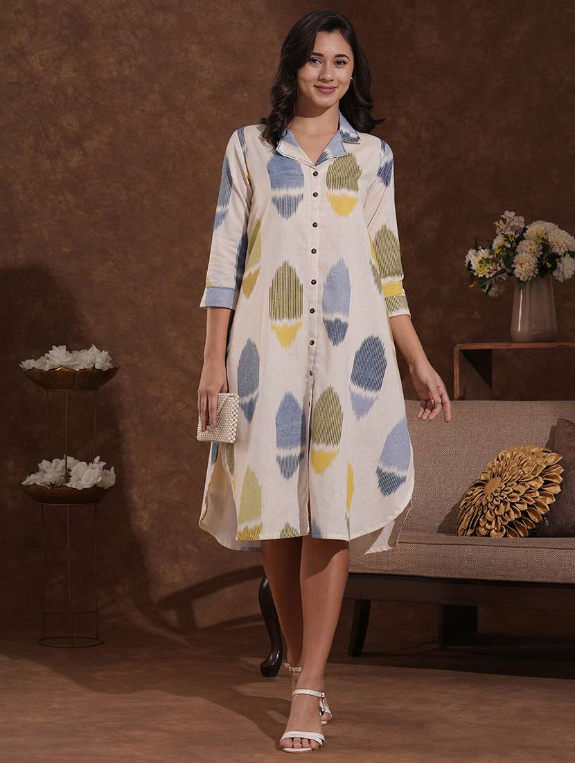 women printed three quarter sleeve shirt dress