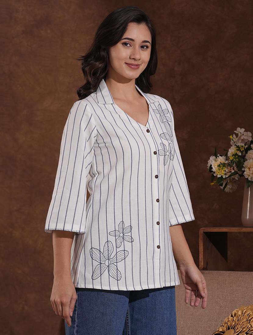 women striped three quarter sleeve regular top - 22300575 -  Standard Image - 2