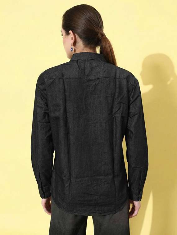 women solid collared long sleeve denim shirt - 22300805 -  Standard Image - 2