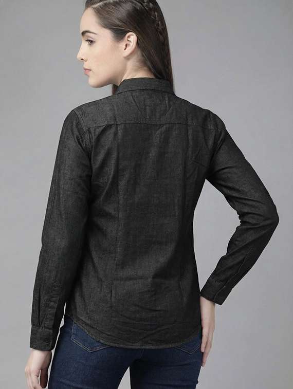 women solid collared long sleeve denim shirt - 22300806 -  Standard Image - 2