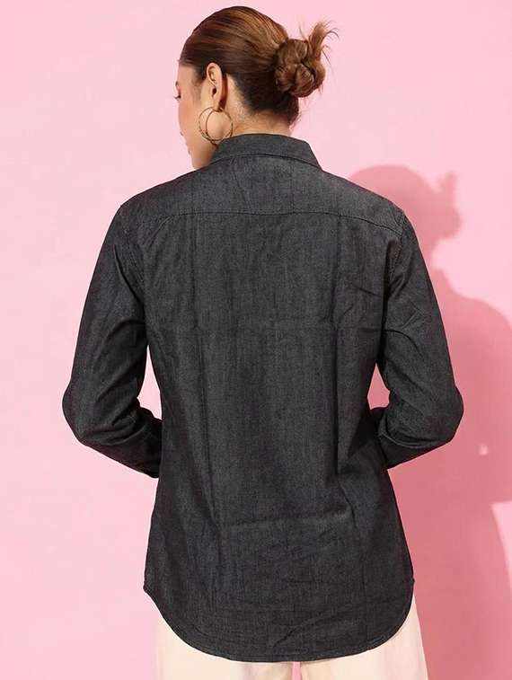 women solid collared long sleeve denim shirt - 22300807 -  Standard Image - 2