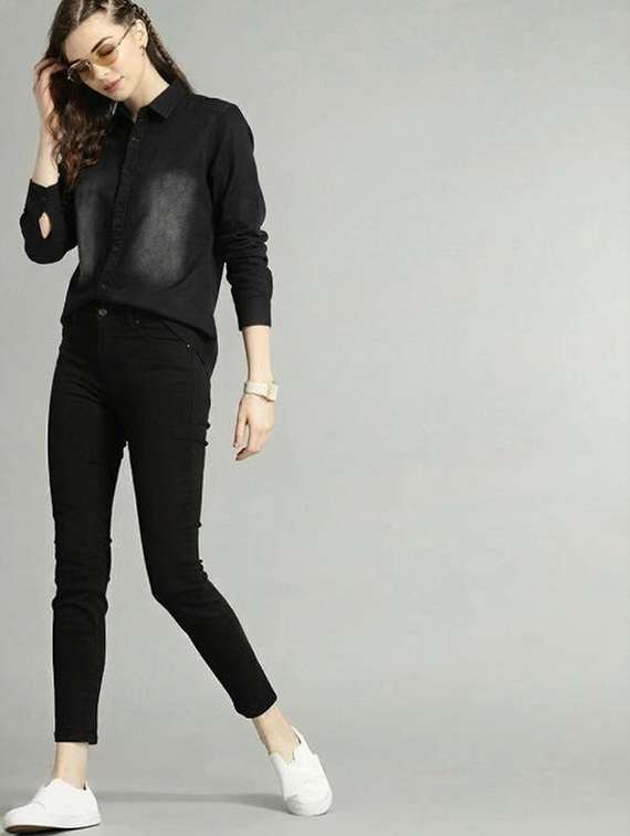 women solid collared long sleeve denim shirt - 22300808 -  Standard Image - 2