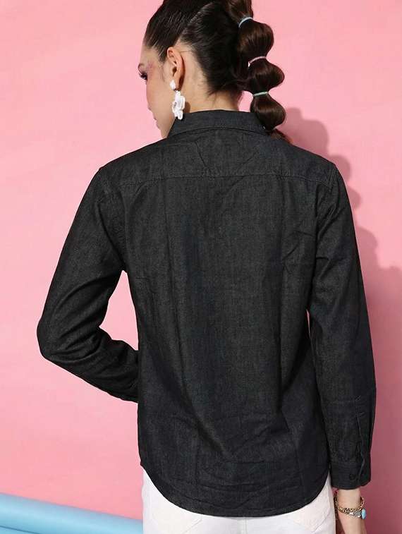 women solid collared long sleeve denim shirt - 22300810 -  Standard Image - 2