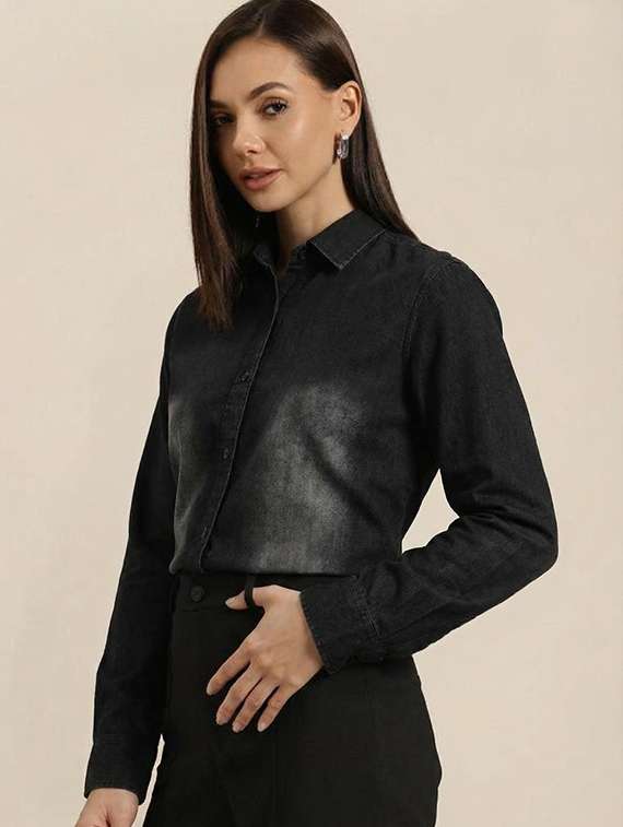 women solid collared long sleeve denim shirt - 22300811 -  Standard Image - 2