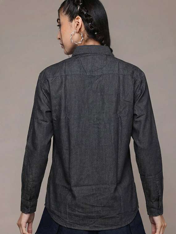 women solid collared long sleeve denim shirt - 22300812 -  Standard Image - 2