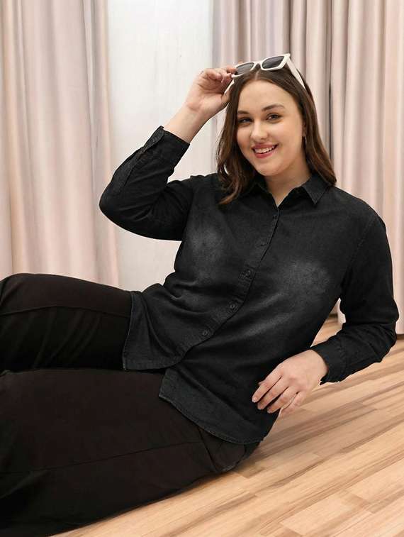 women solid collared long sleeve denim shirt - 22300813 -  Standard Image - 2