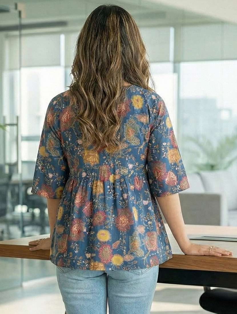 women floral three quarter sleeve ethnic top - 22300892 -  Standard Image - 2
