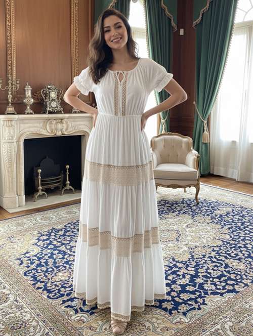 yellow pink lace dress Miss Circle Women's Zaina Yellow Pink Floral Print Lace Trim Linen Midi Dress main image 1