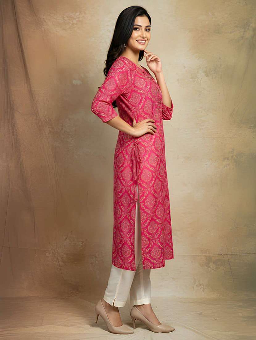 women printed three quarter sleeve straight kurta - 22301575 -  Standard Image - 2