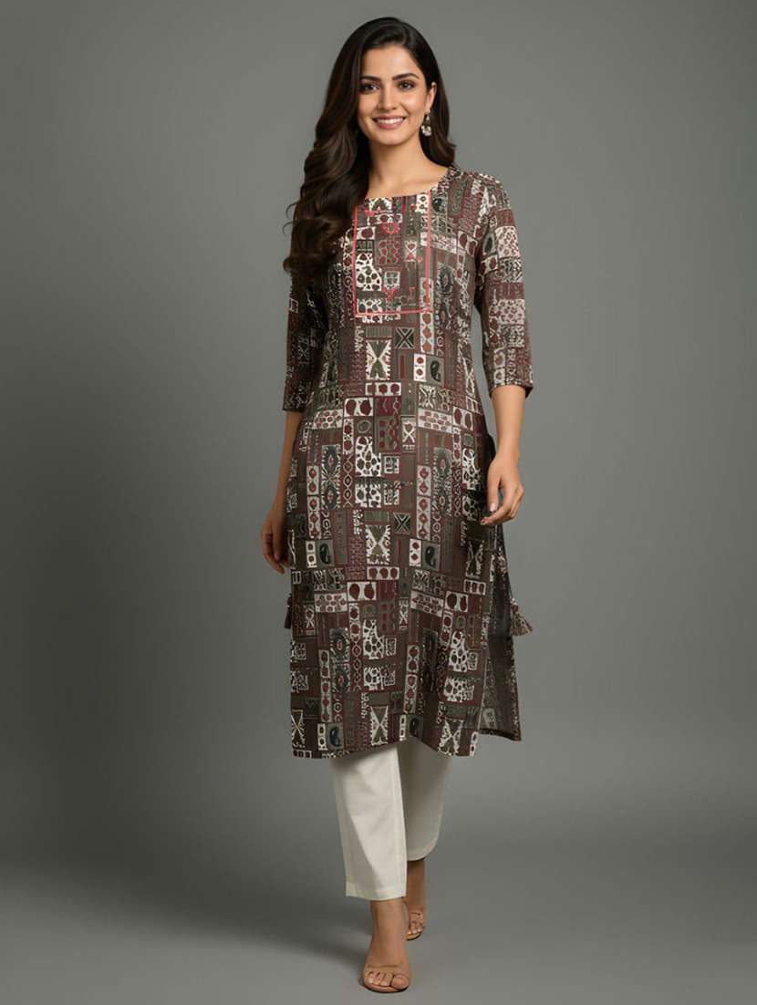 women printed three quarter sleeve straight kurta
