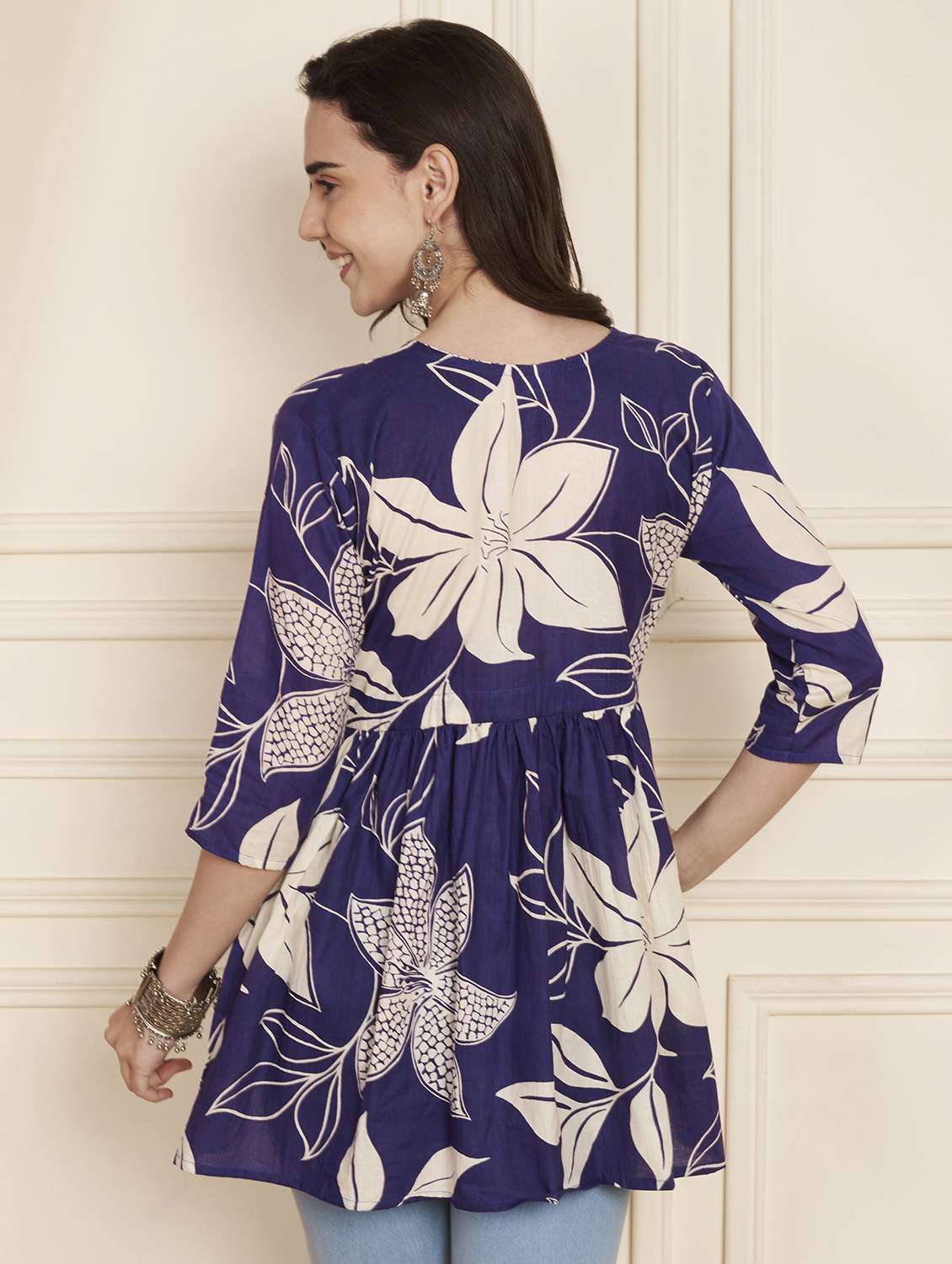 women printed three quarter sleeve sleeve flared kurti - 22301583 -  Standard Image - 2