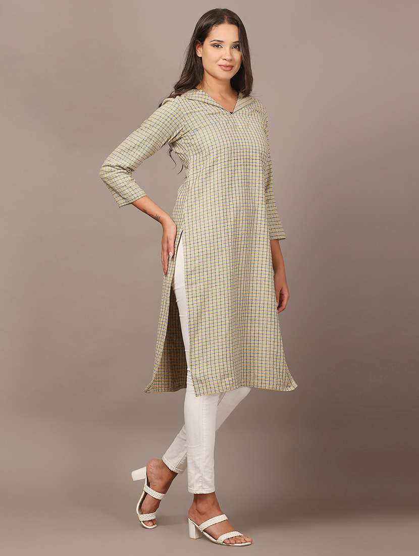women checkered three quarter sleeve woolen kurta - 22301690 -  Standard Image - 2