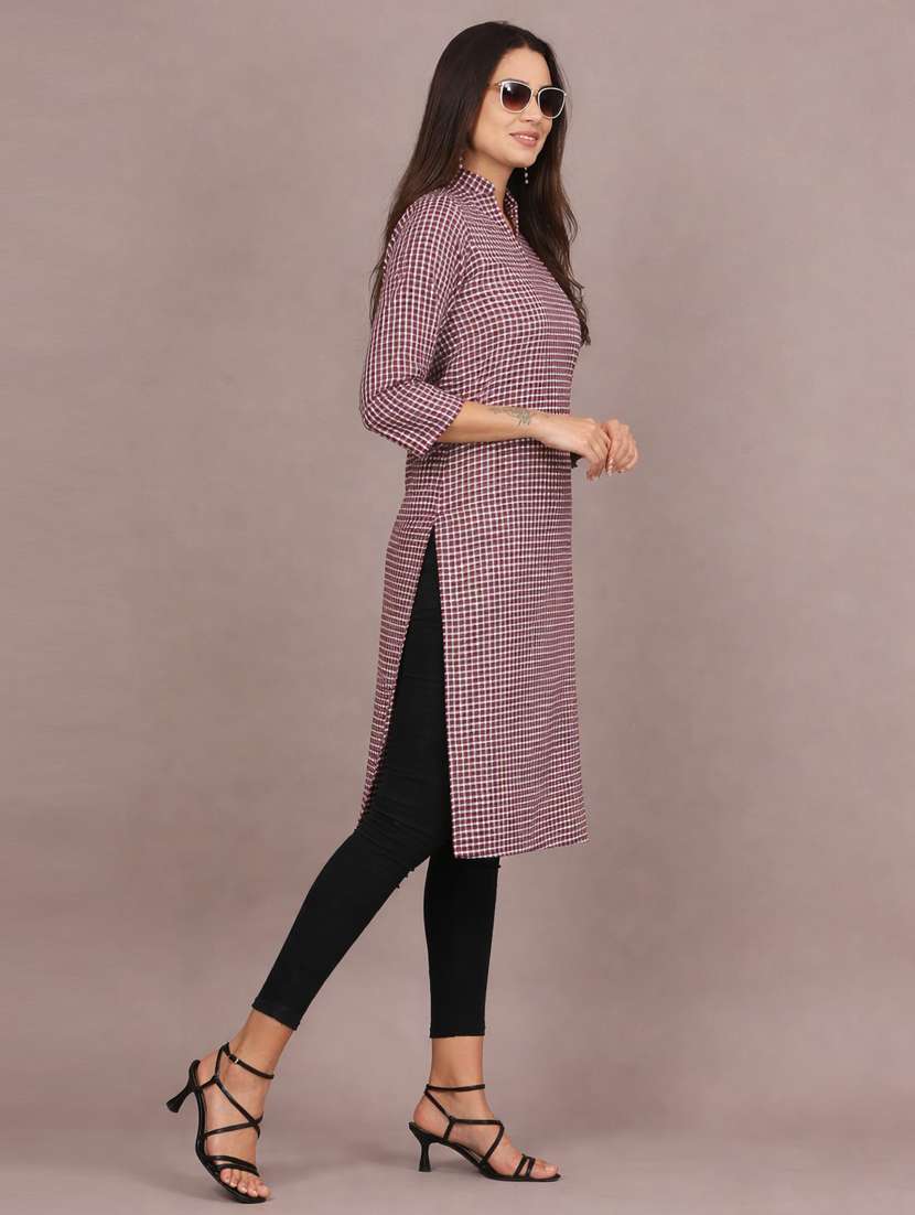 women checkered three quarter sleeve woolen kurta - 22301691 -  Standard Image - 2