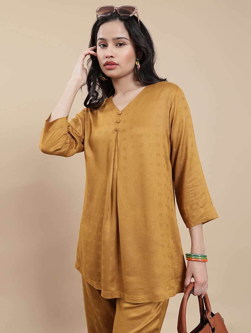 women solid three quarter sleeve a-line kurti