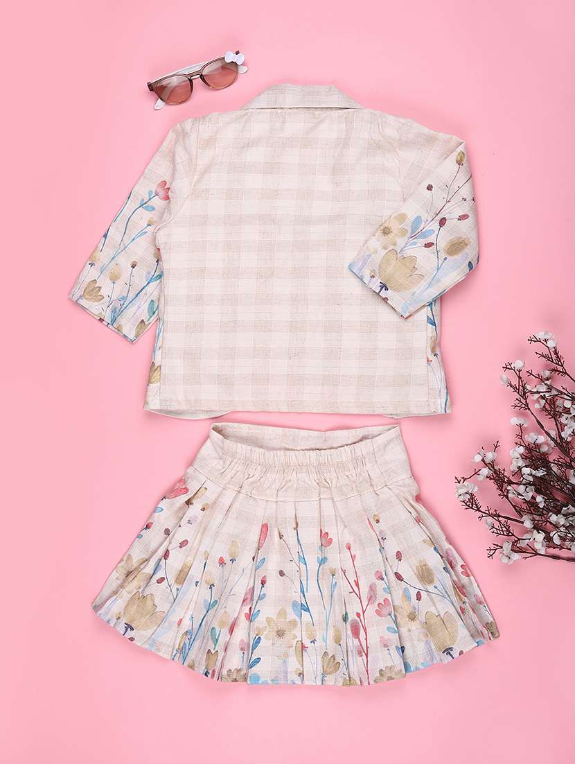 girls printed three quarter sleeves top and skirt set with jacket  - 22302222 -  Standard Image - 2