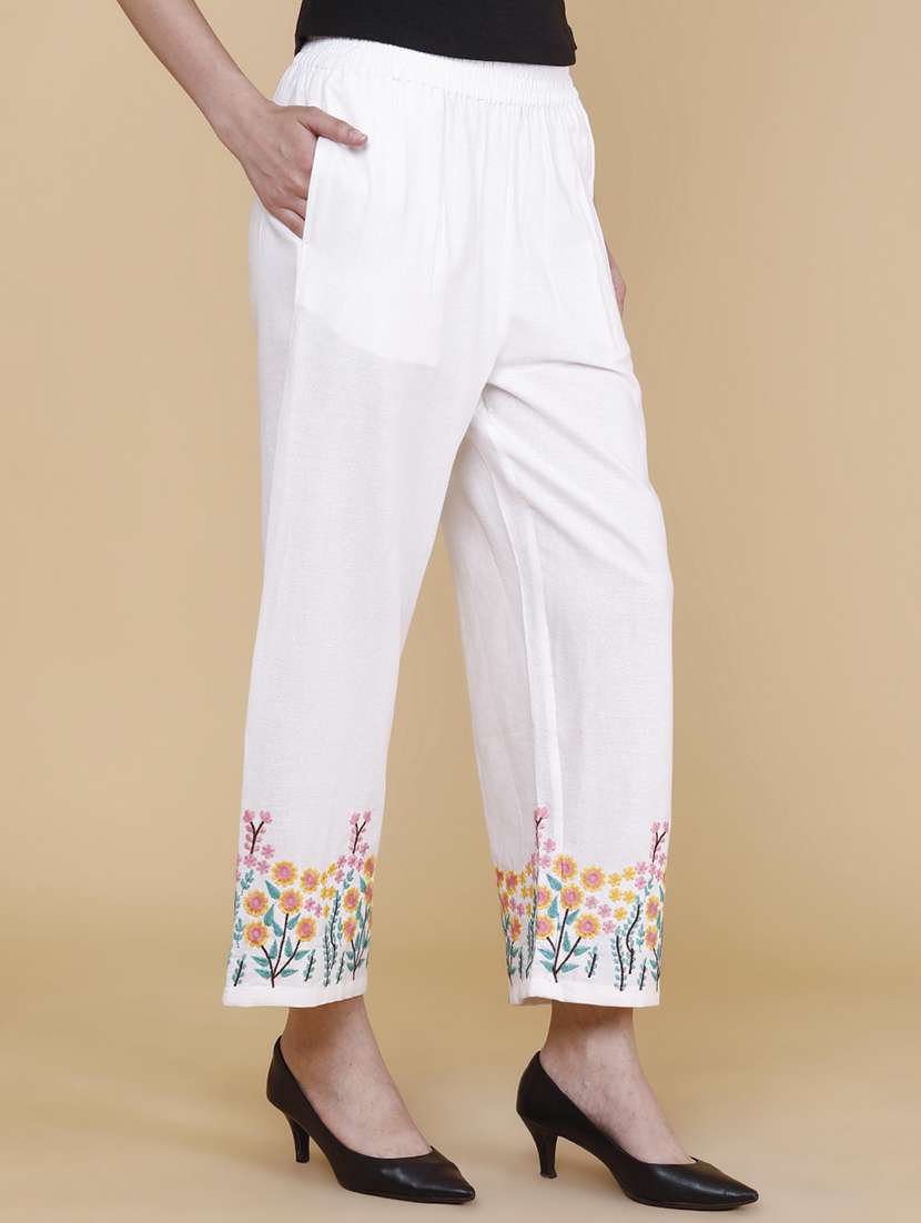 women embroidered mid rise regular fit straight trouser - 22302409 -  Standard Image - 2