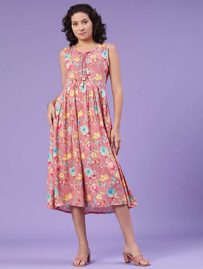 women floral print tie-up neck dress