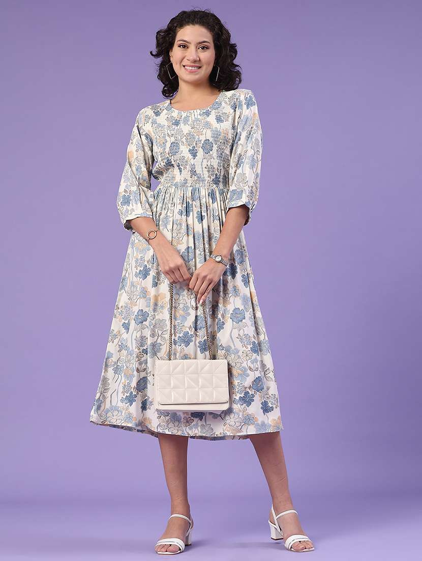 women printed round neck tiered dress