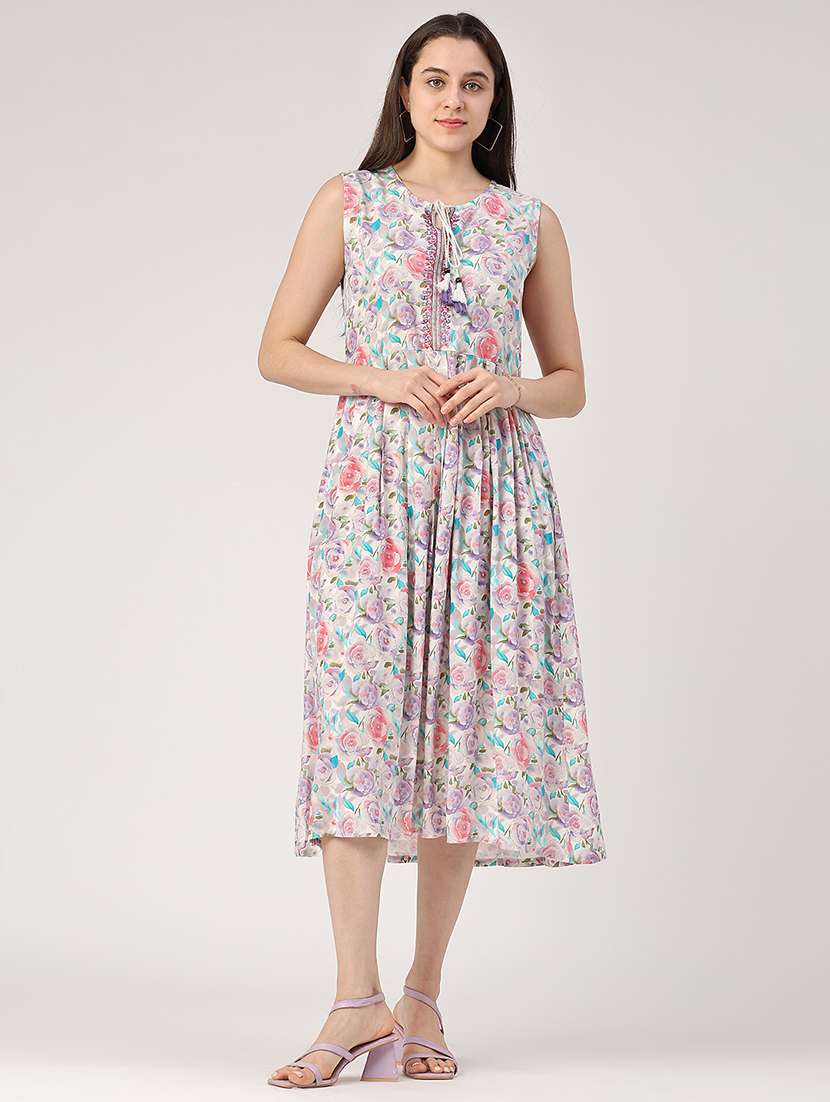 women printed tie up neck tiered dress - 22302423 -  Standard Image - 2