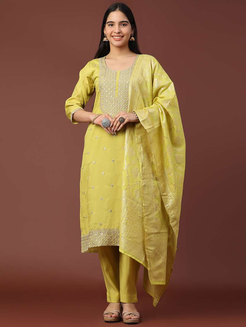 Women Solid With Work Three Quarter Sleeve Kurta Pant With Dupatta Set - 22302498 -  Standard Image - 2