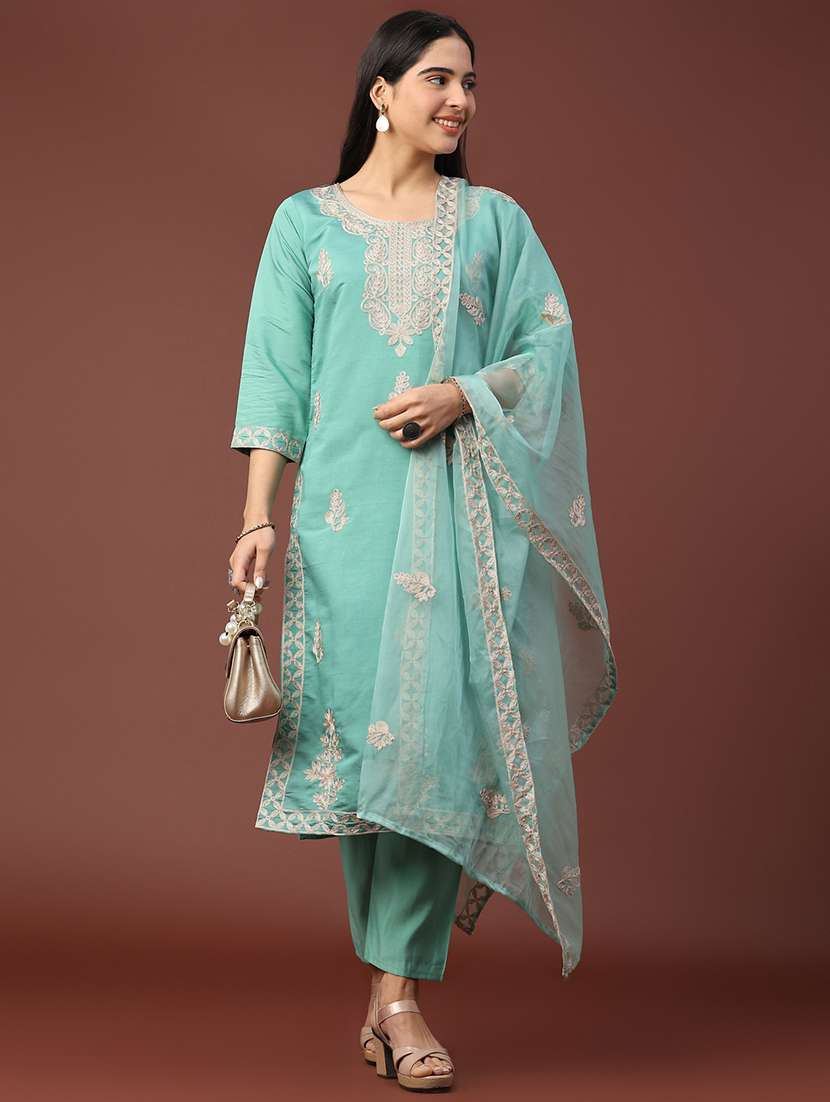 women solid with work three quarter sleeve kurta pant with dupatta set - 22302535 -  Standard Image - 2