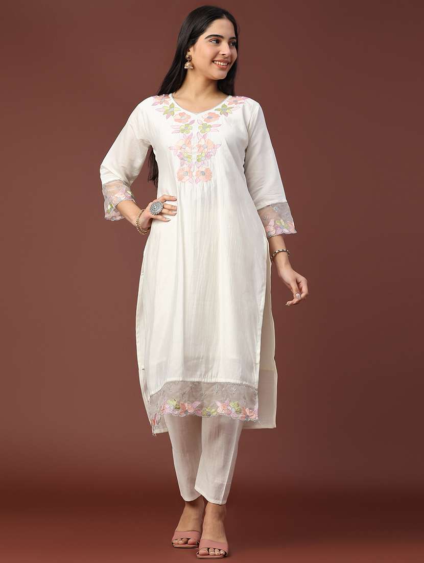 women solid with work three quarter sleeve kurta pant with dupatta set - 22302536 -  Standard Image - 2