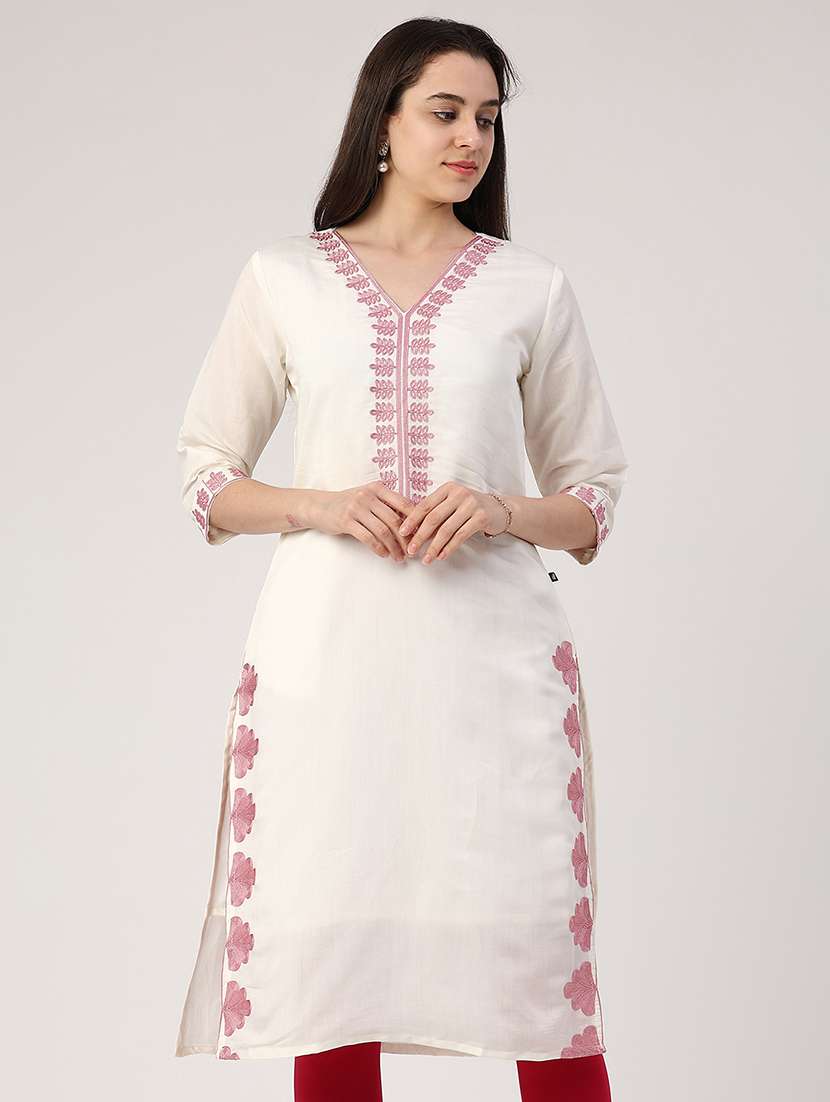 women solid with work three quarter sleeve straight kurta