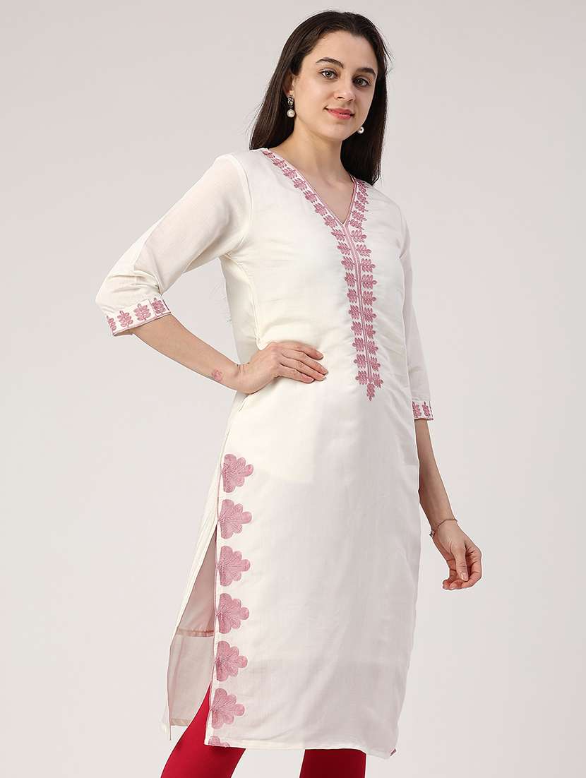 Women Solid With Work Three Quarter Sleeve Straight Kurta - 22302667 -  Standard Image - 2