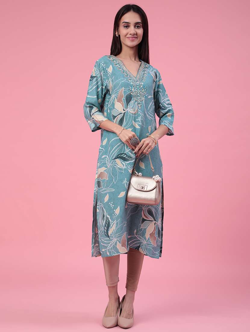 women printed three quarter sleeves straight kurta