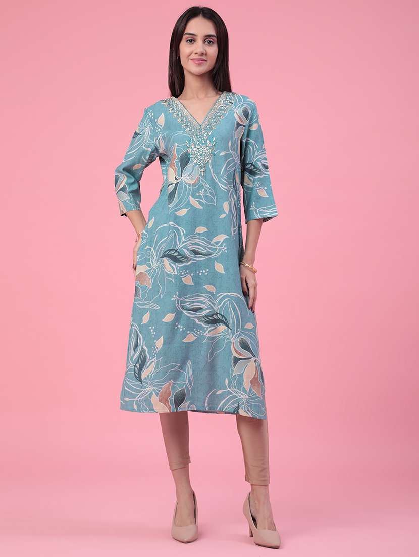 women printed three quarter sleeves straight kurta - 22302669 -  Standard Image - 2
