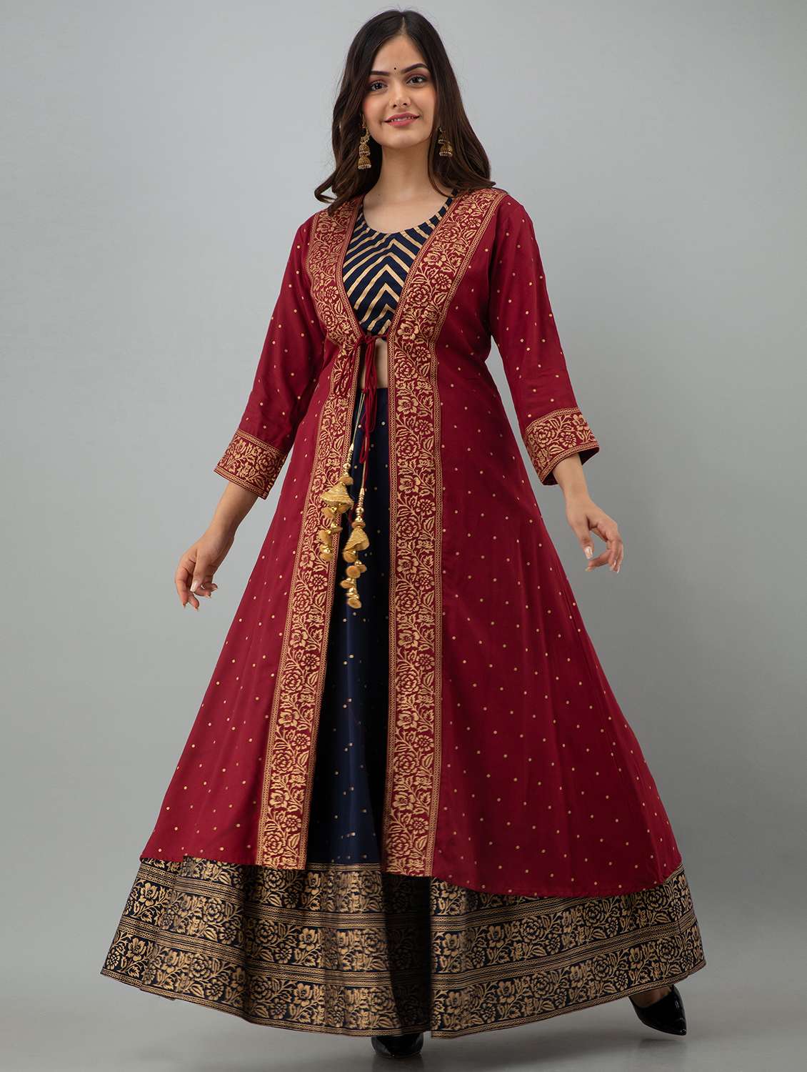 women printed three quarter sleeve kurta skirt with crop top set