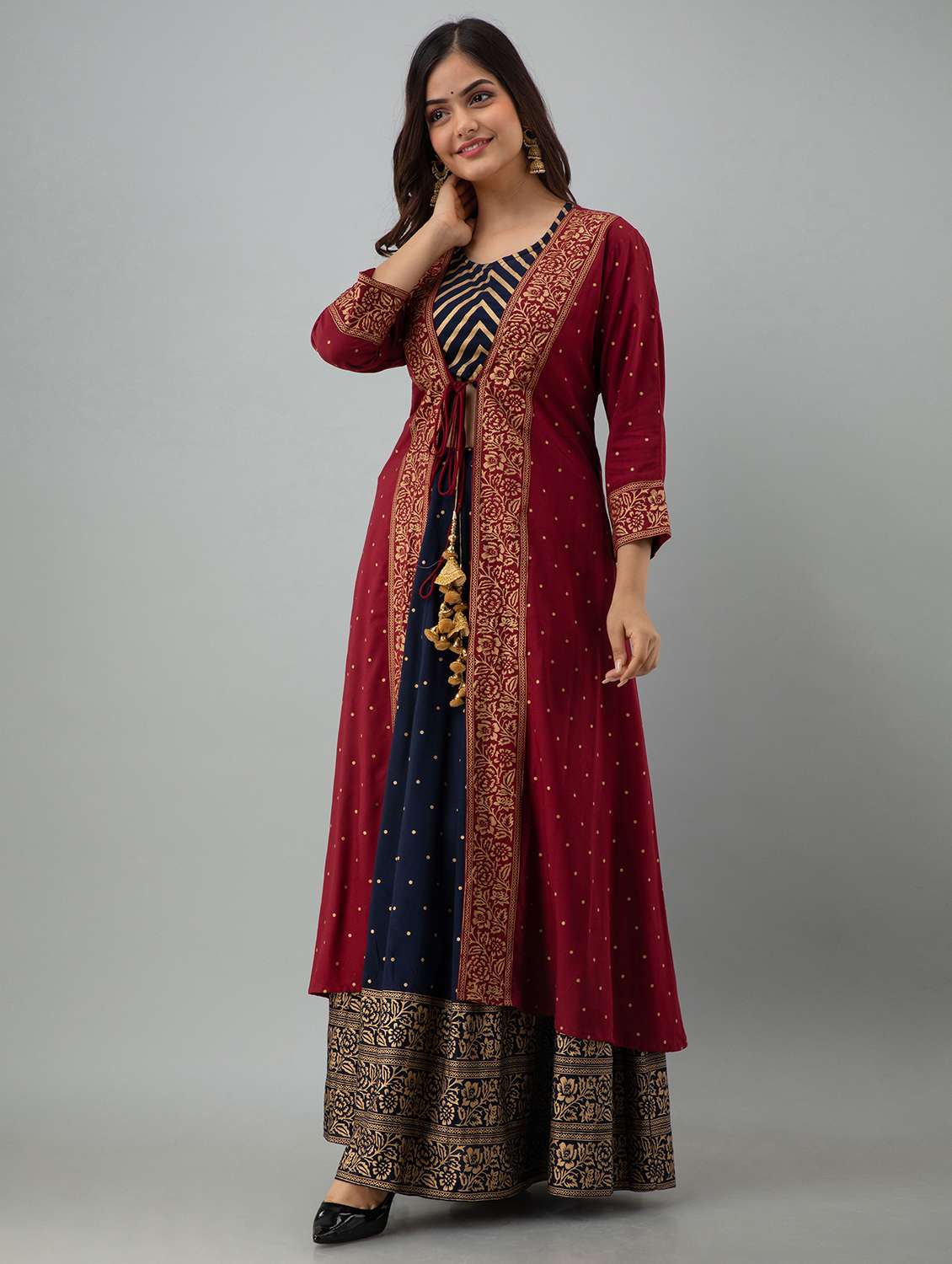 women printed three quarter sleeve kurta skirt with crop top set - 22303172 -  Standard Image - 2