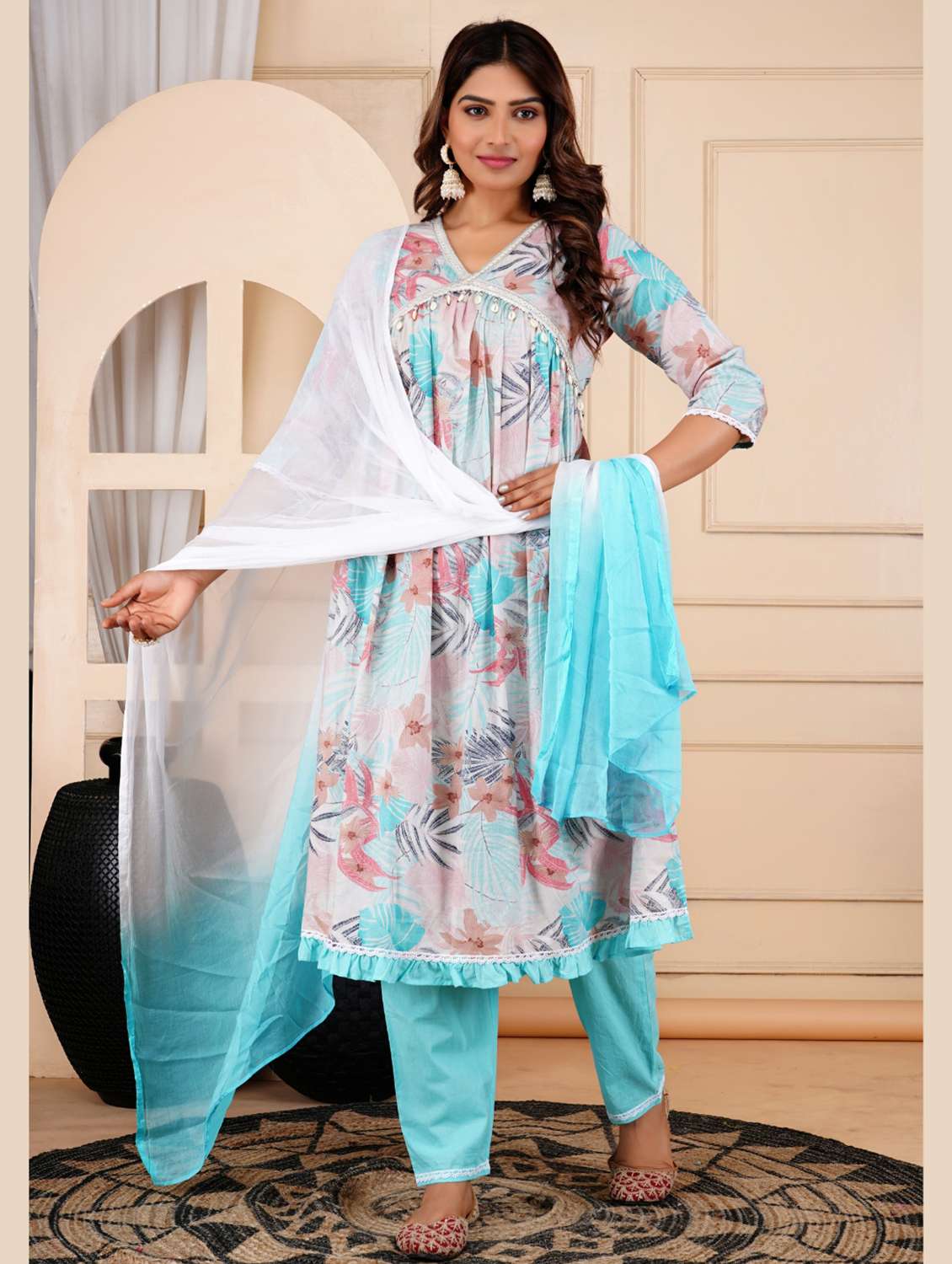 women floral three quarter sleeve kurta pant with dupatta set