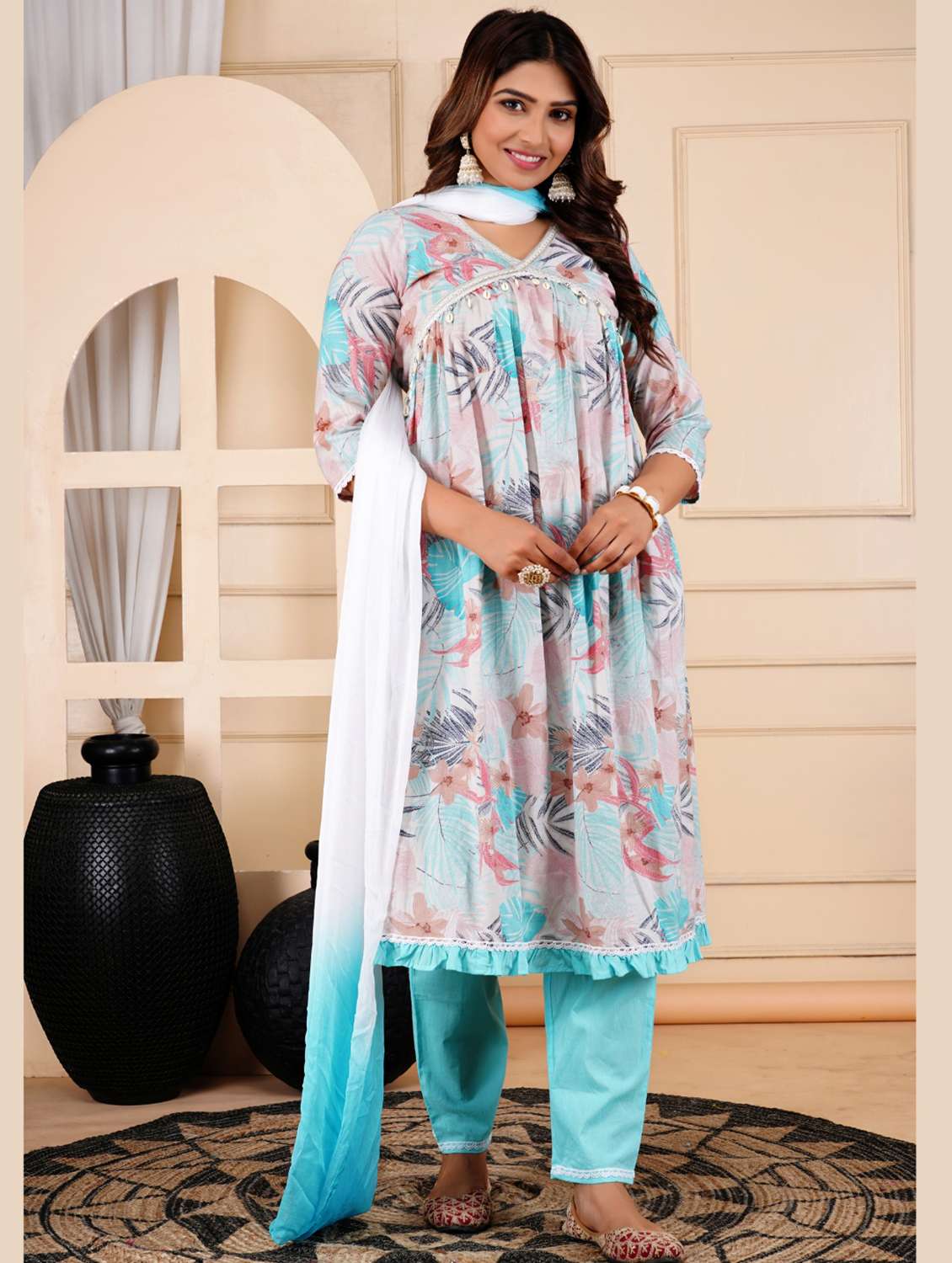 women floral three quarter sleeve kurta pant with dupatta set - 22303174 -  Standard Image - 2