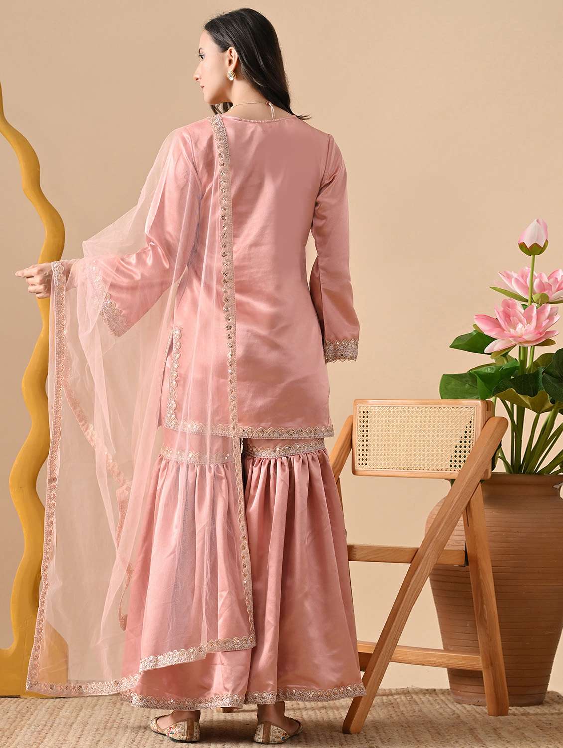 women solid with work long sleeve kurta sharara with dupatta set - 22303175 -  Standard Image - 2