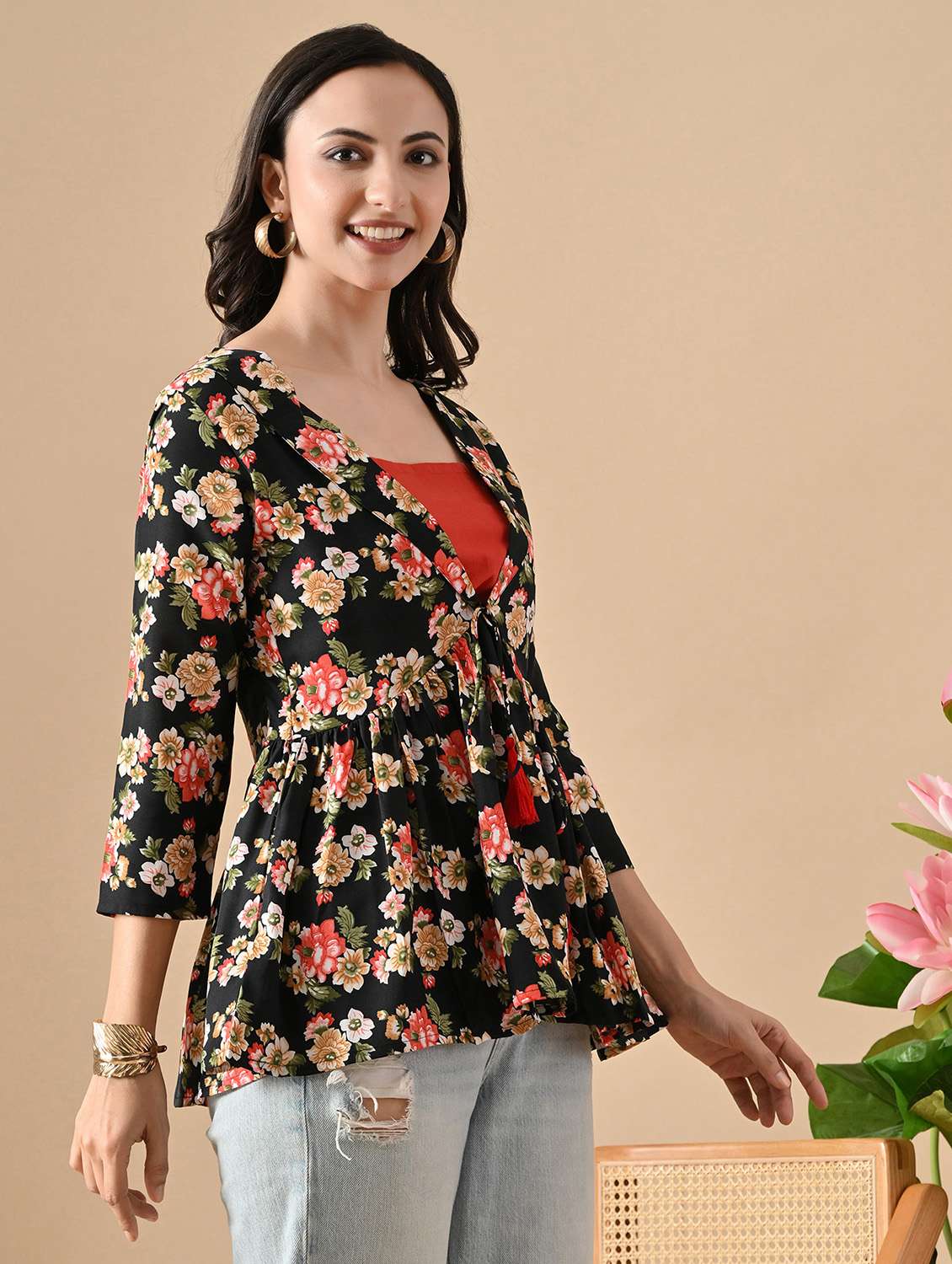 women floral three quarter sleeve ethnic top - 22303495 -  Standard Image - 2